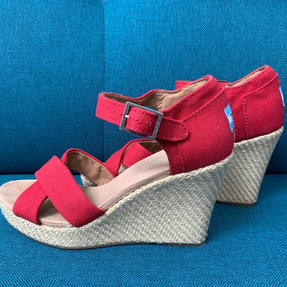TOMS Red Canvas Strappy Wedges